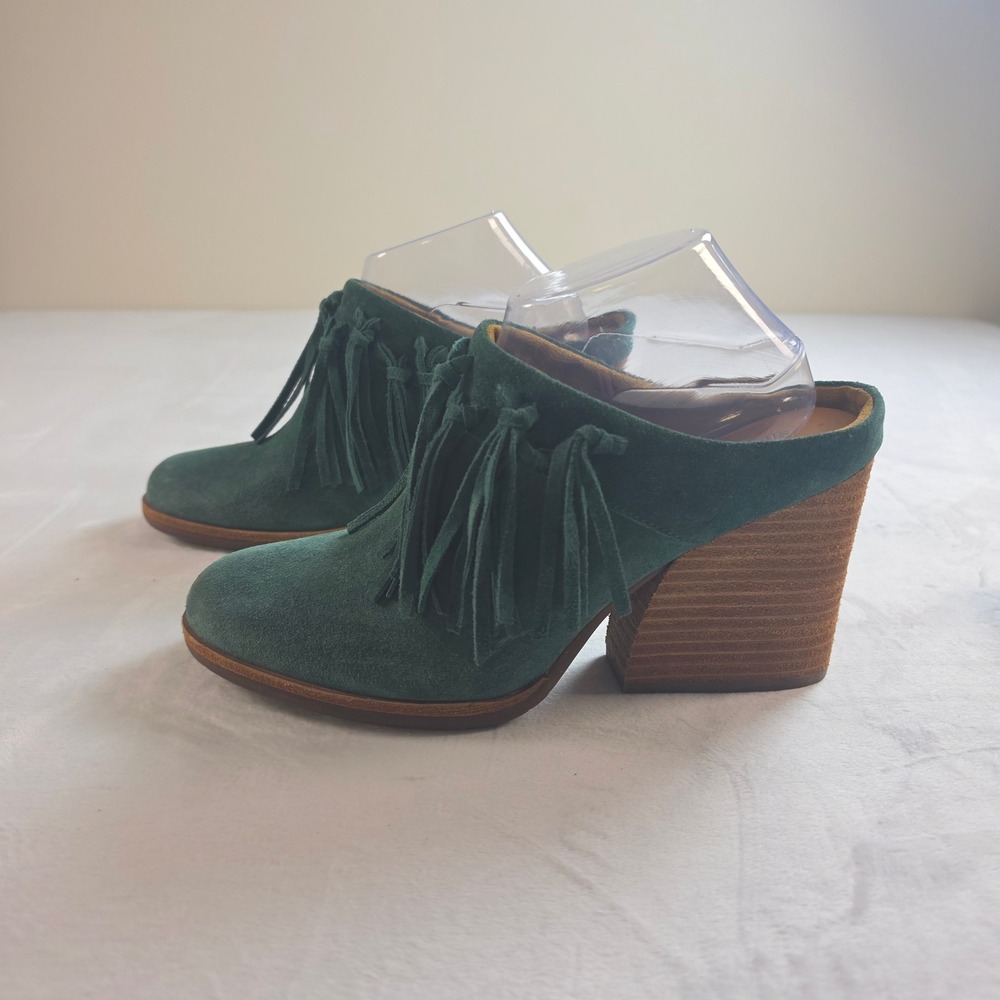 Kork-Ease Womens Green Suede Fringe Mules Stacked Block Heel Boho Clogs